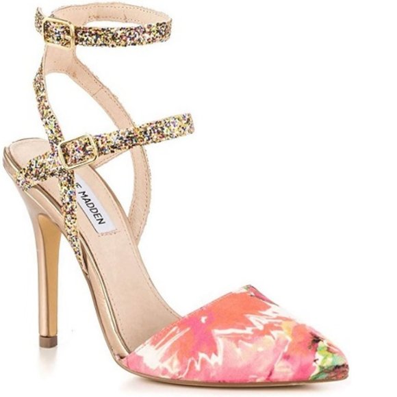 Steve Madden floral print pointy toe glitter strappy heels, New, 7.5 - Picture 1 of 13